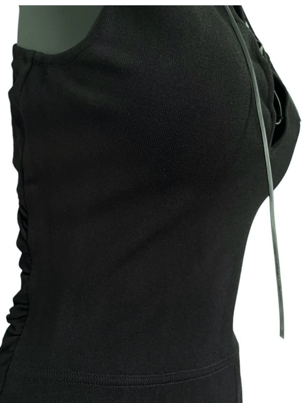 Vintage Gucci Black Sheath Dress Leather Lace-Up Neck Ruched Designer Dress Med - Picture 11 of 12